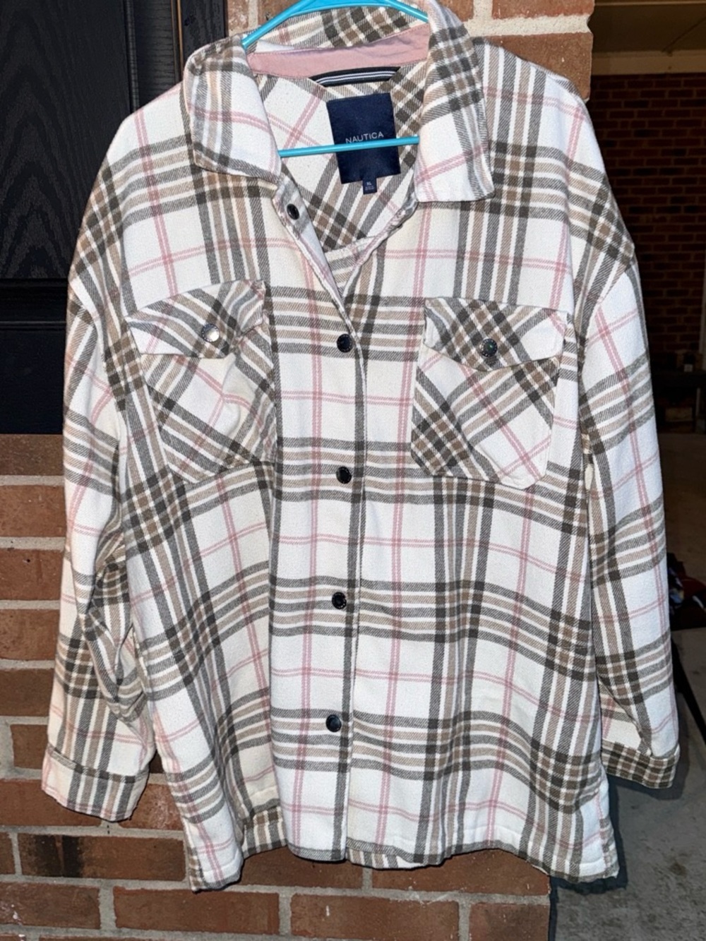 Nautica White Plaid Button-Front Flannel Jacket with Brown & Pink Accents